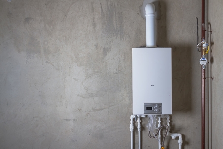 Tankless water heater on a wall.
